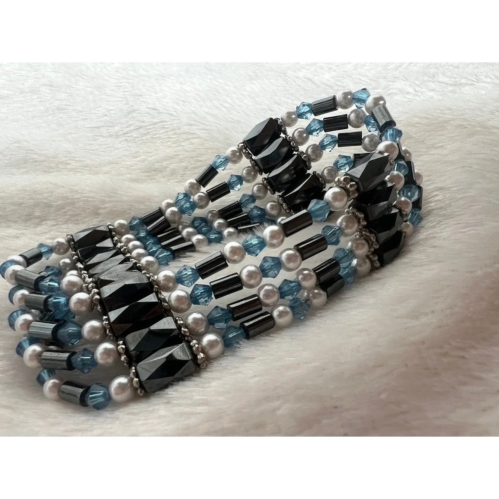 Hematite Wrap Bracelet Magnetic Beaded Multi Strand Faux Pearl Blue‎ Crystal